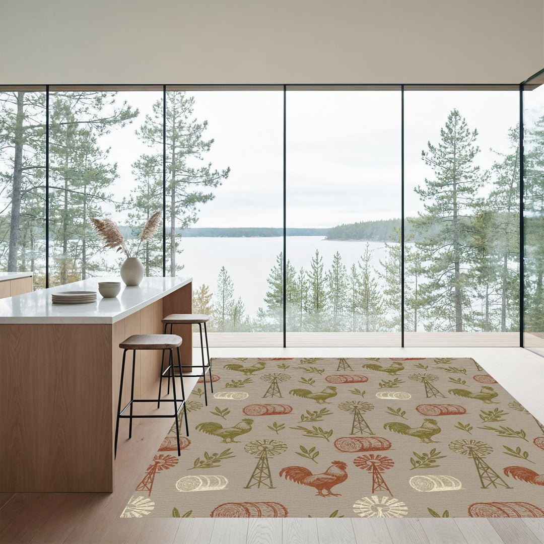 Farmhouse Rooster Windmill Haystack Collage Rug