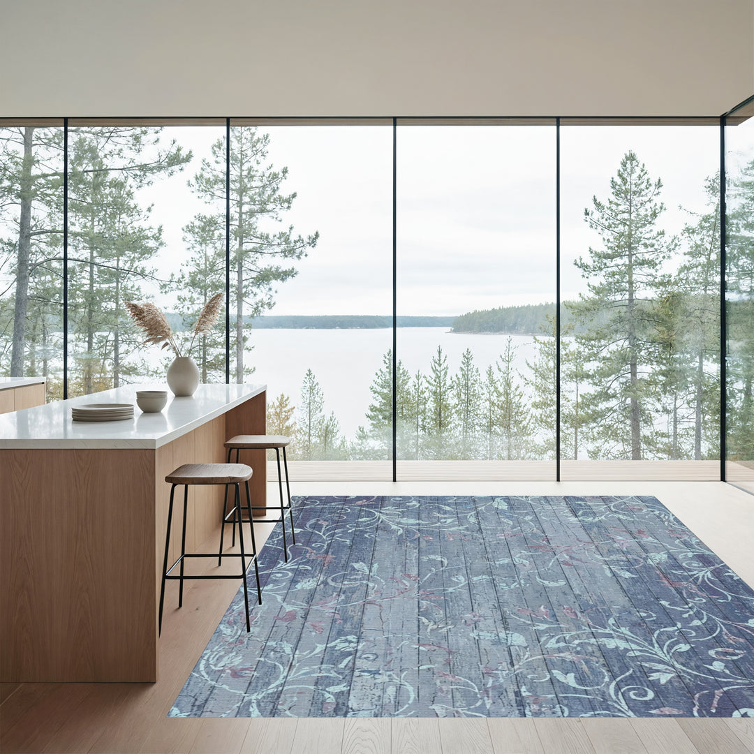 Distressed Blue Wood Floral Vine Rug