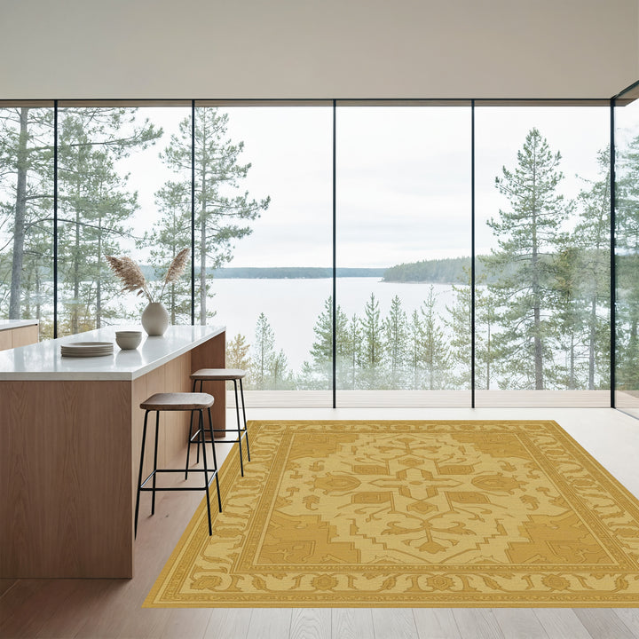 Muted Gold Floral Medallion Border Rug