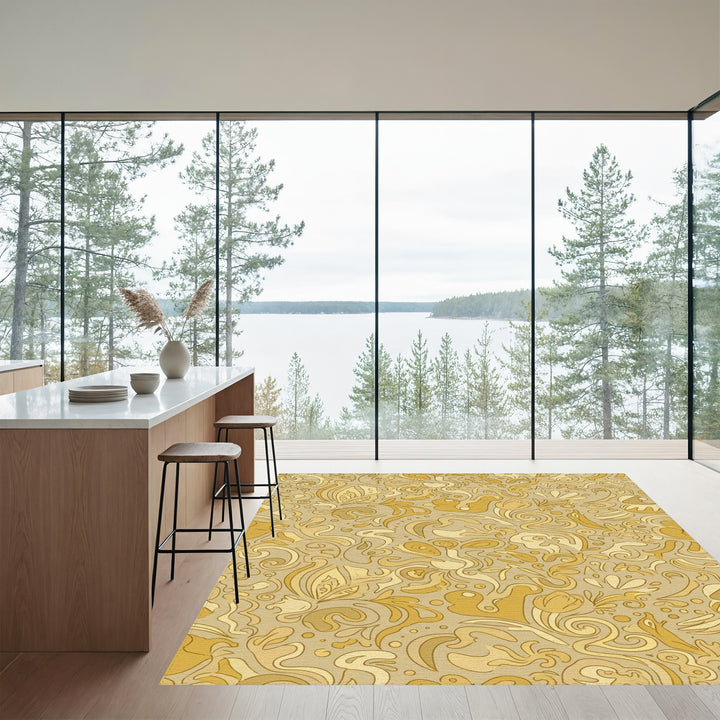 Golden Floral Swirls Abstract Rug