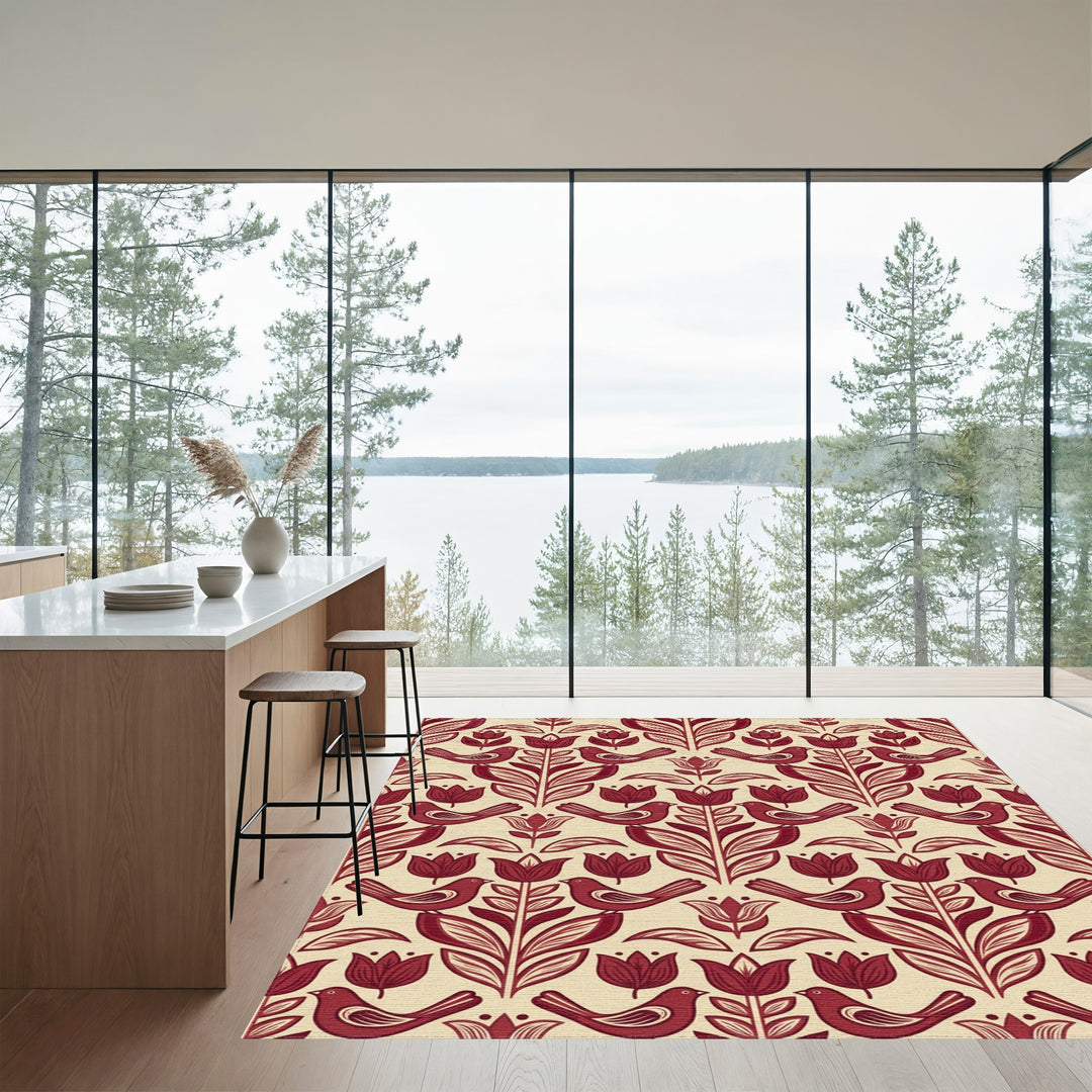 Deep Red Floral Bird Garden Rug