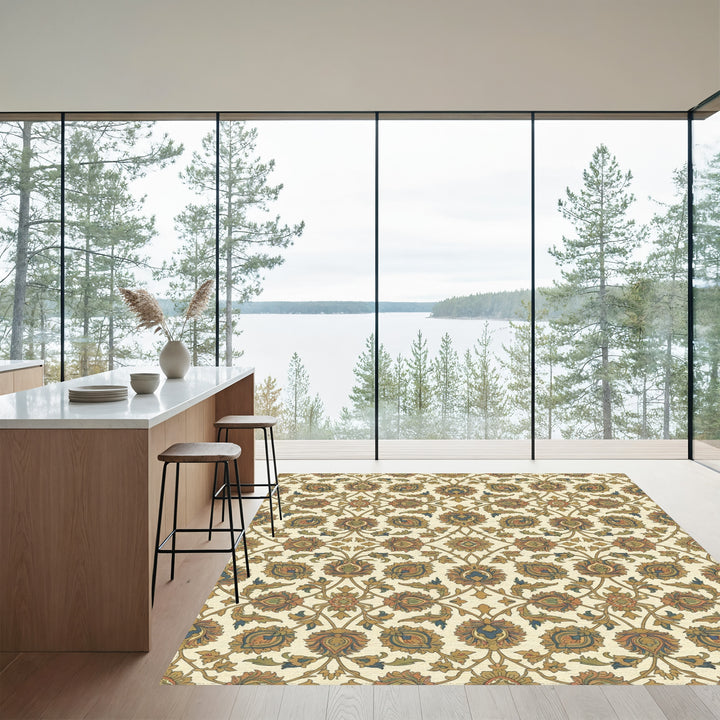 Earthy Gold Floral Medallion Overlay Rug