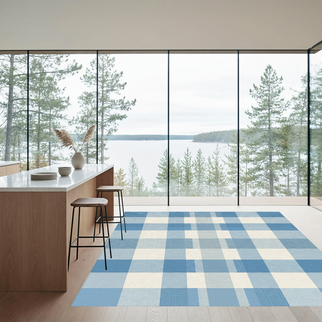 Serene Blue Checkered Grid Rug