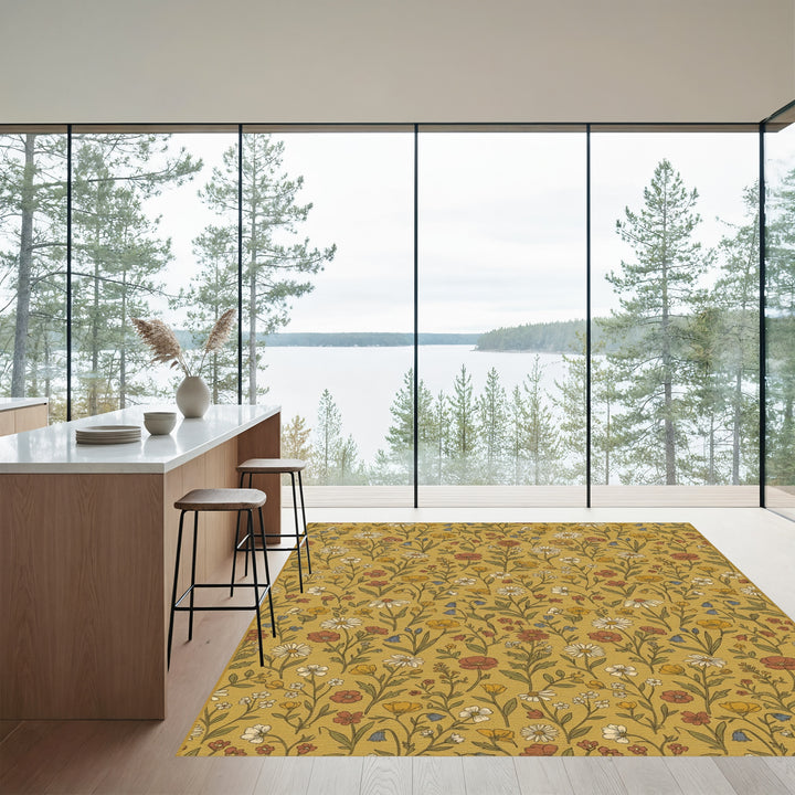Golden Yellow Meadow Floral Arrangement Rug
