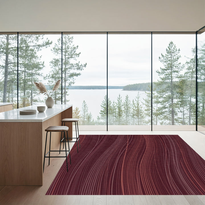 Deep Burgundy Swirling Wavy Lines Rug