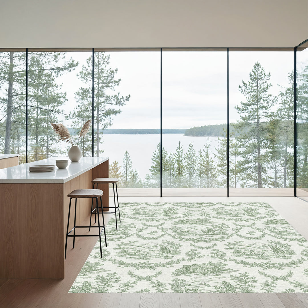 Green Pastoral Landscape Village Scene Rug
