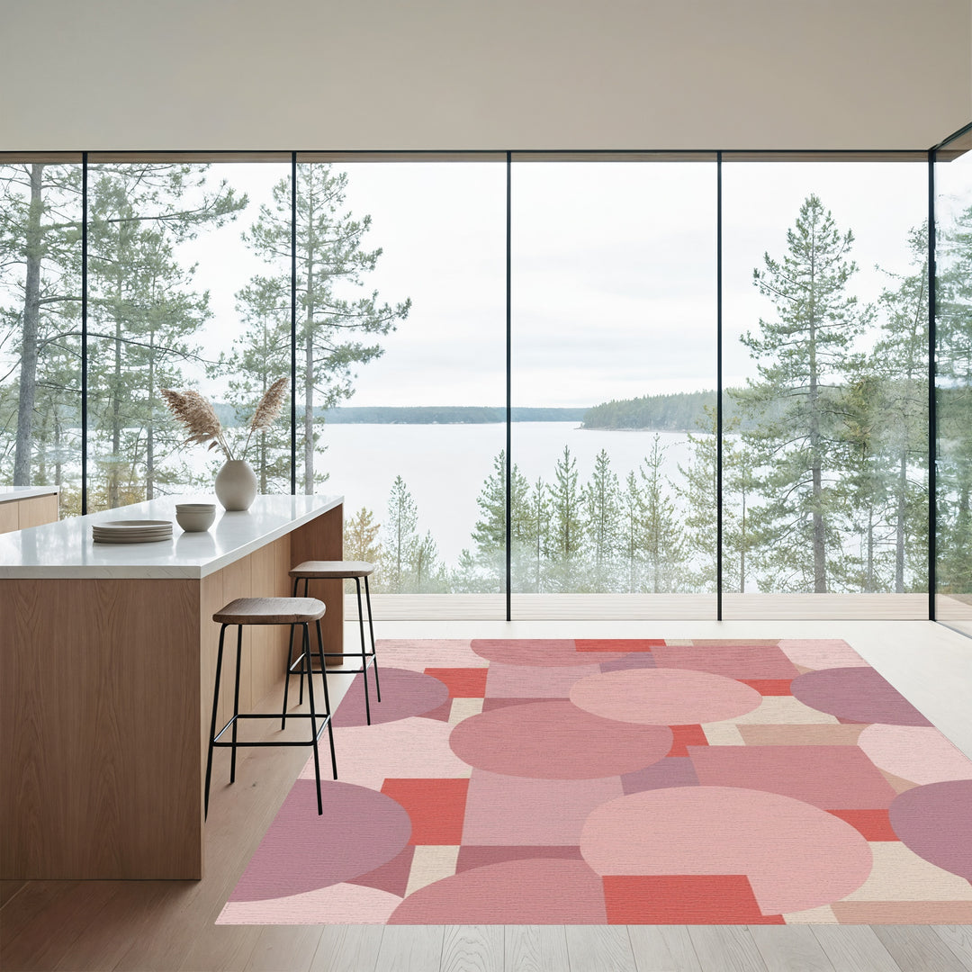 Retro Pink Geometric Circles and Squares Rug