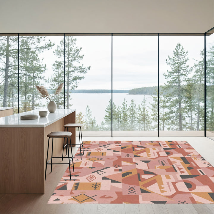 Terracotta Pink Abstract Geometric Collage Rug