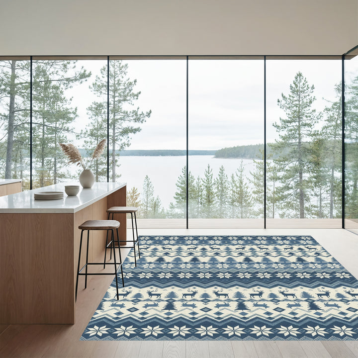 Nordic Blue Deer Snowflake Forest Rug