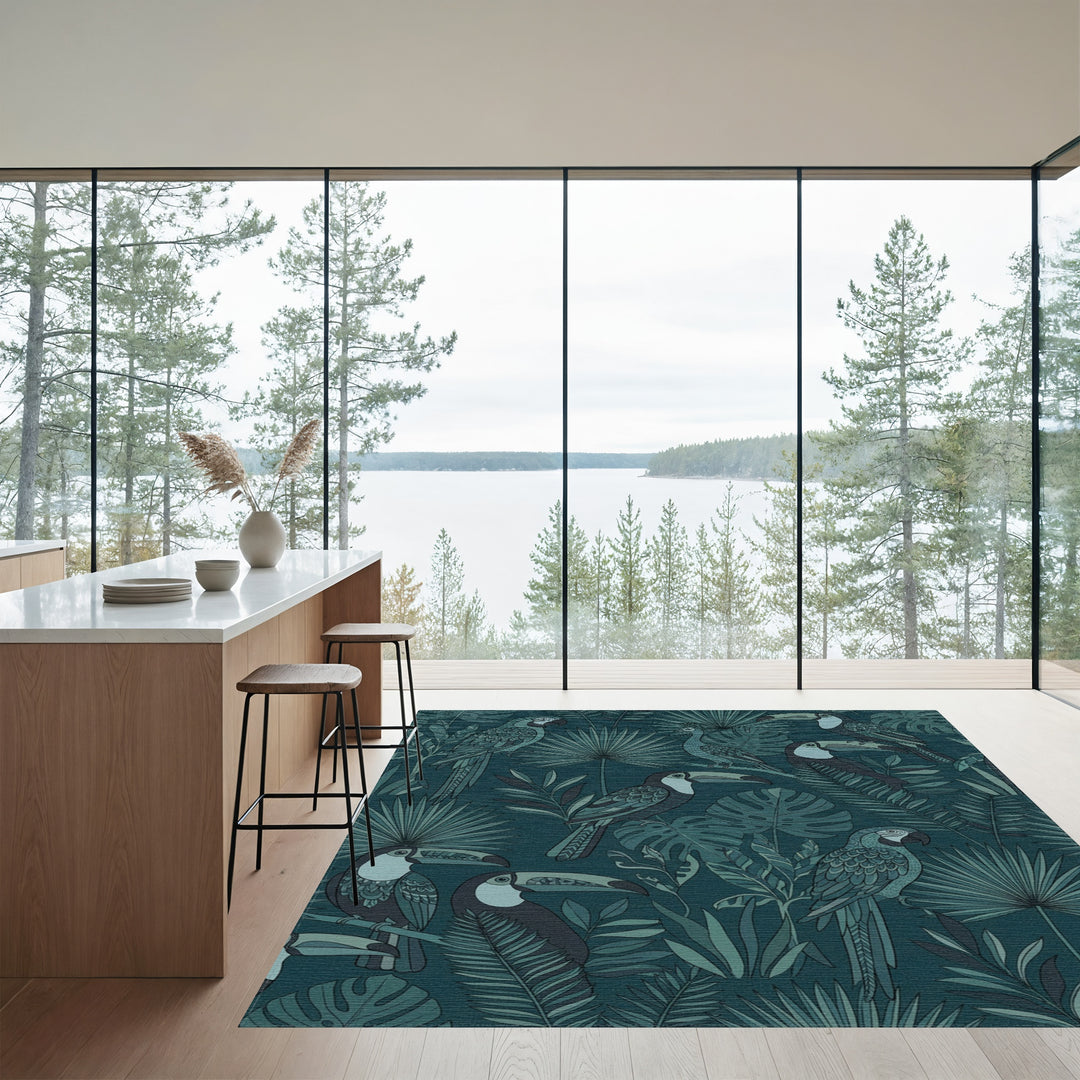 Deep Teal Tropical Bird Foliage Rug