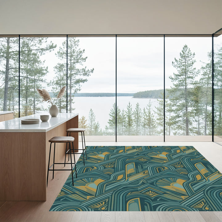 Teal Gold Geometric Sunburst Arch Rug
