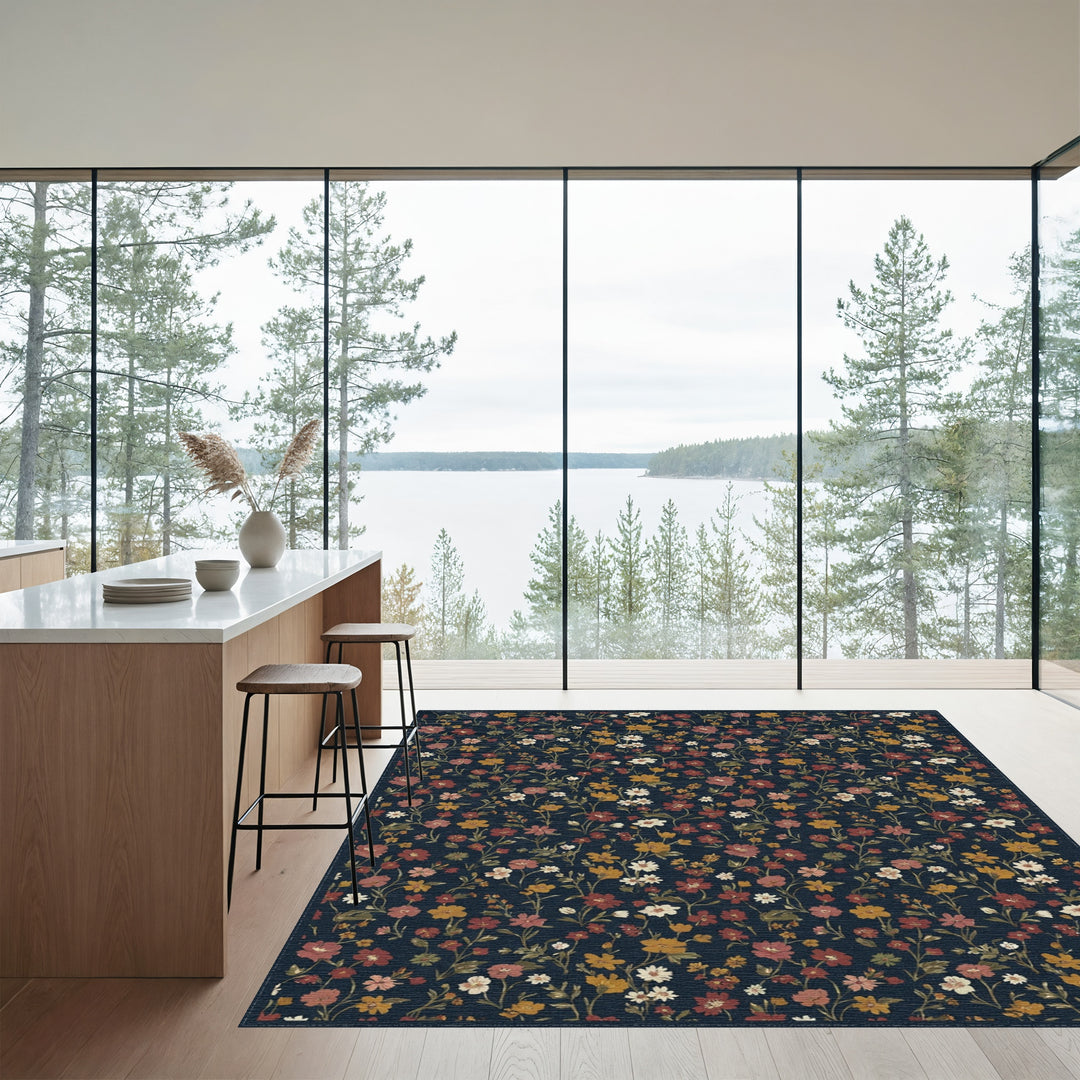 Vintage Deep Navy Floral Meadow Rug