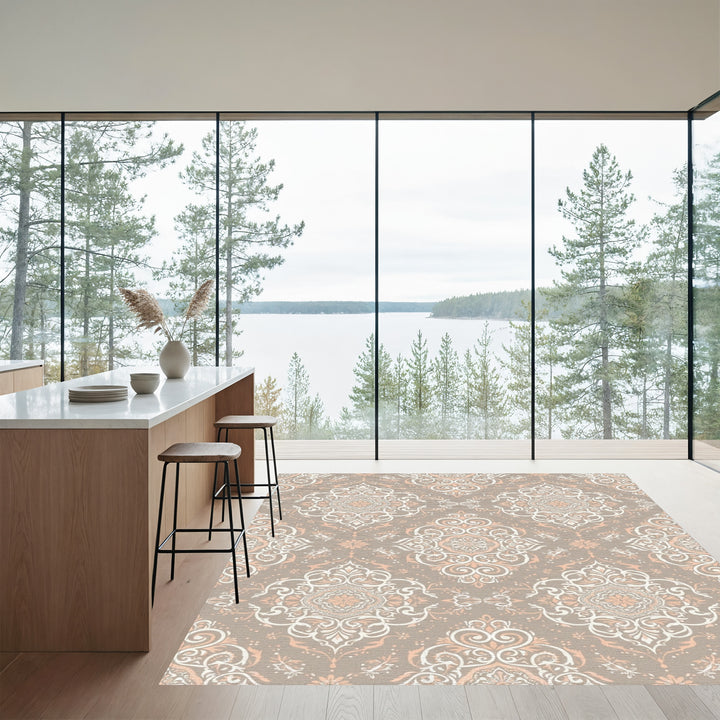 Ornate Taupe Floral Medallion Overlay Rug