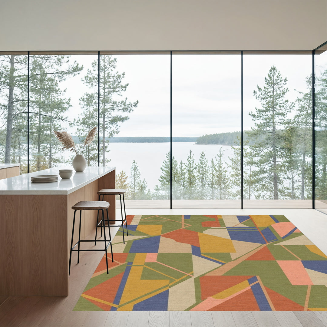 Abstract Geometric Terracotta Blue Olive Rug