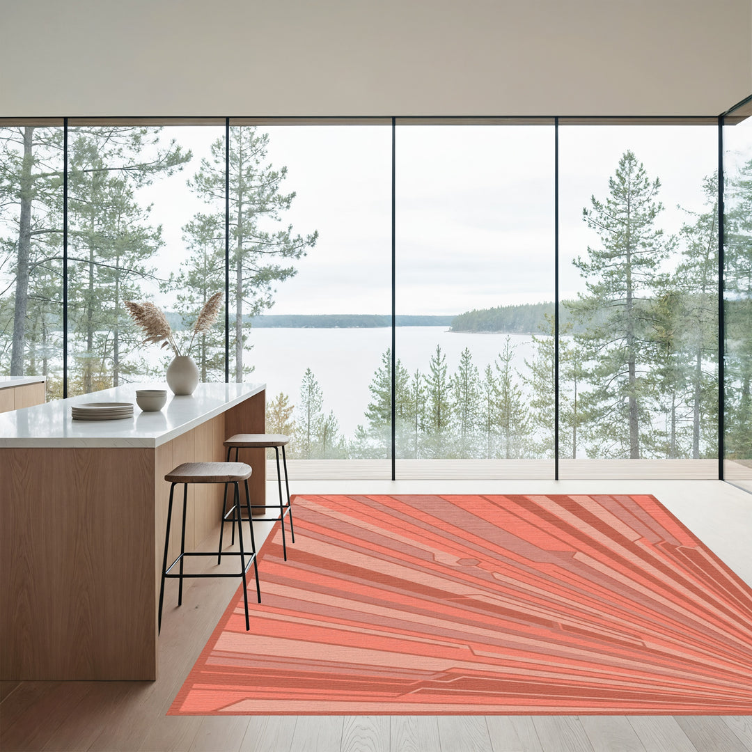 Coral Sunburst Geometric Lines Rug