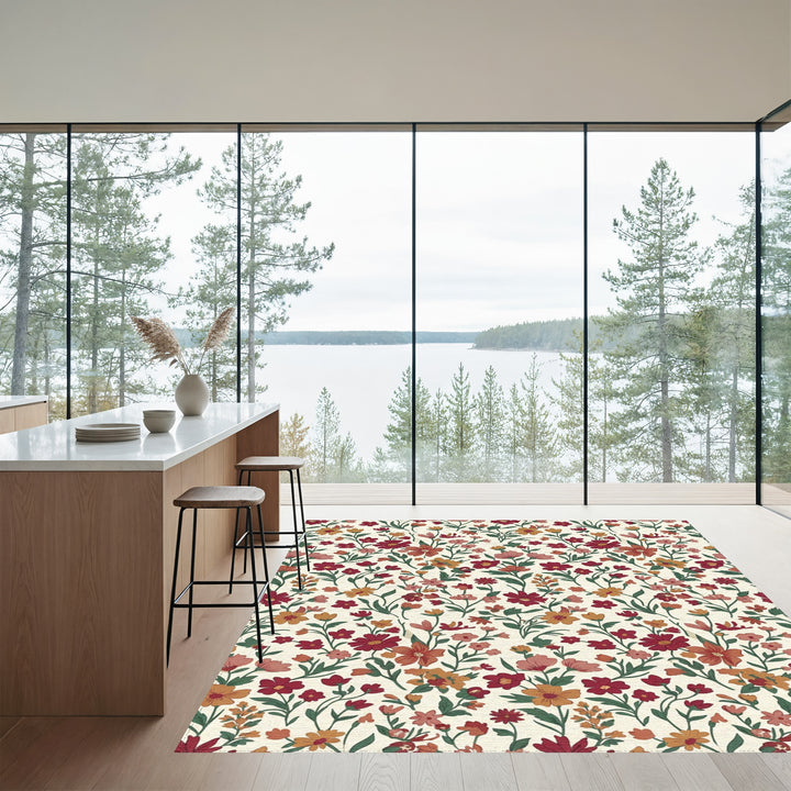 Crimson Orange Floral Blossom Field Rug