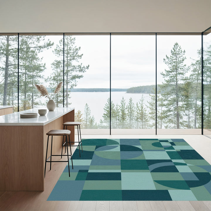 Teal Abstract Geometric Circle Squares Rug