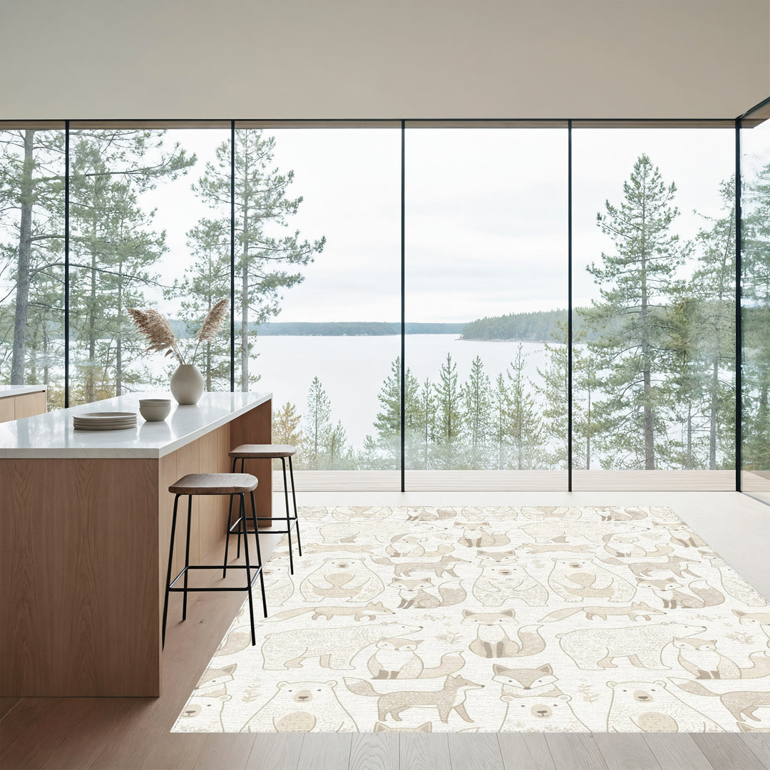 Woodland Creatures Beige Bear Fox Repeat Rug