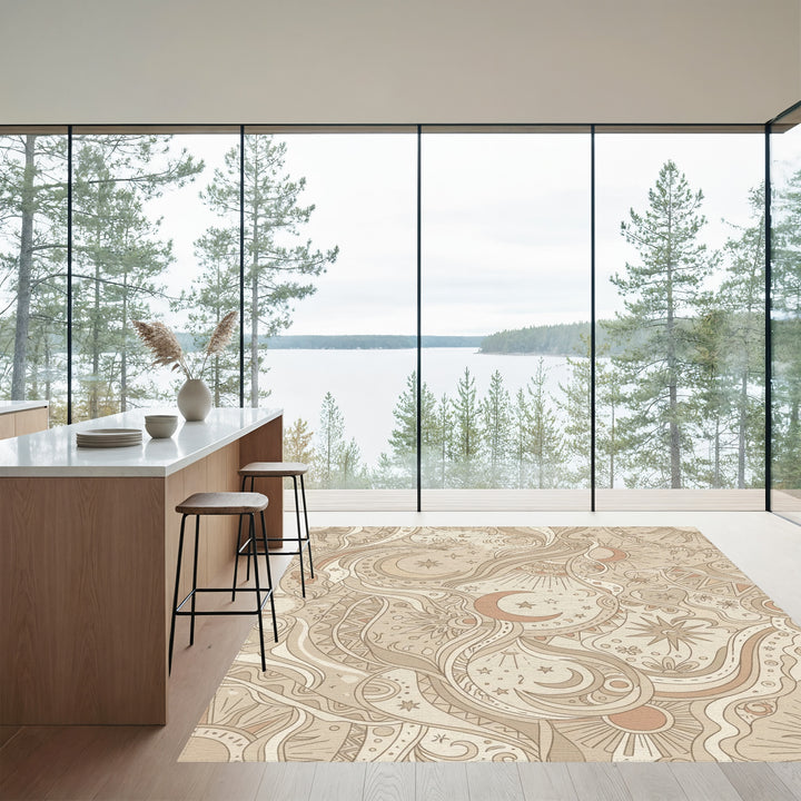 Earthy Celestial Sun Moon Stars Rug