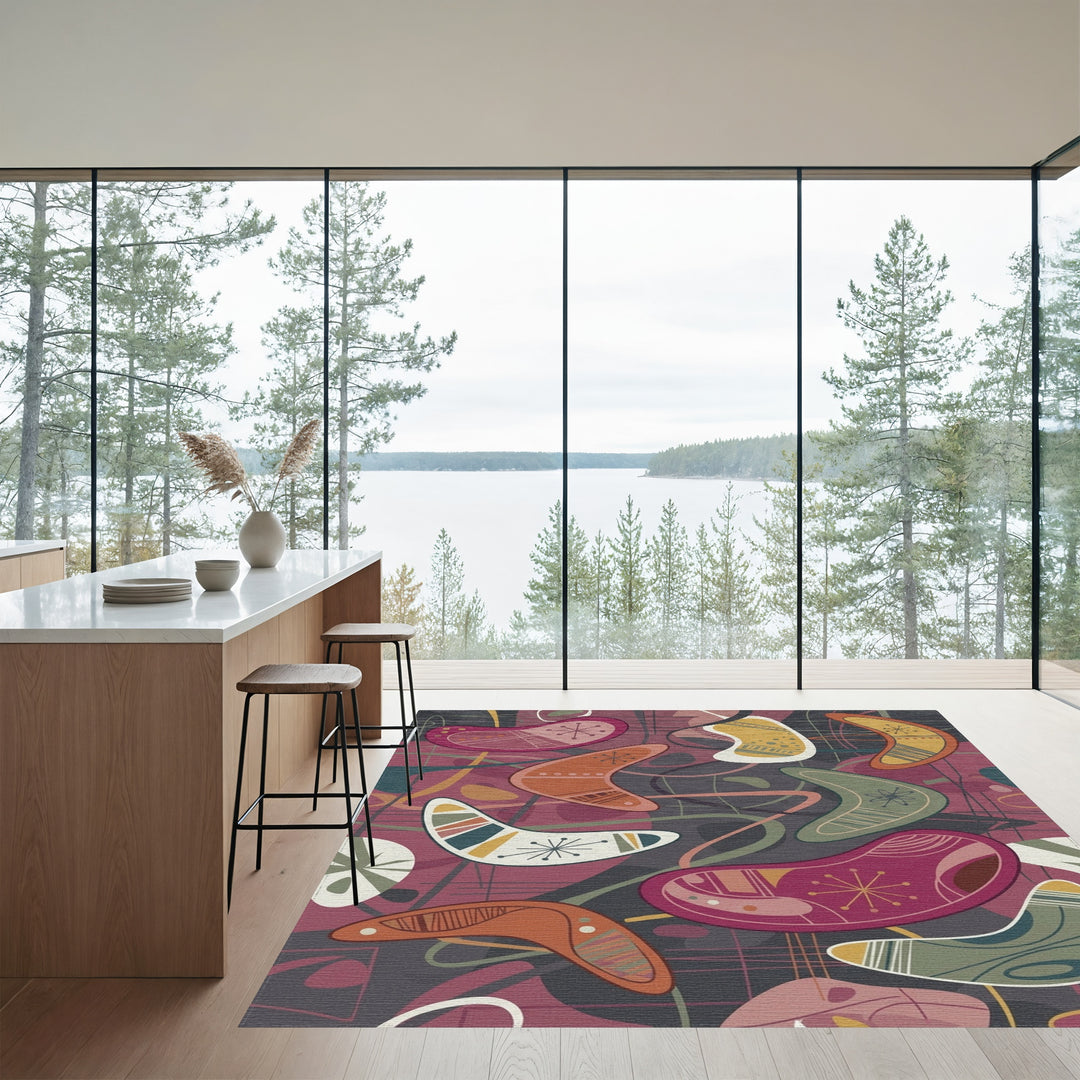 Retro Boomerang Shapes Red Green Yellow Rug