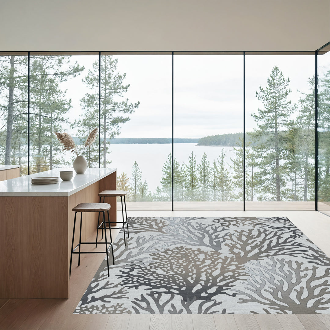 Cool Gray Coral Branch Motif Rug