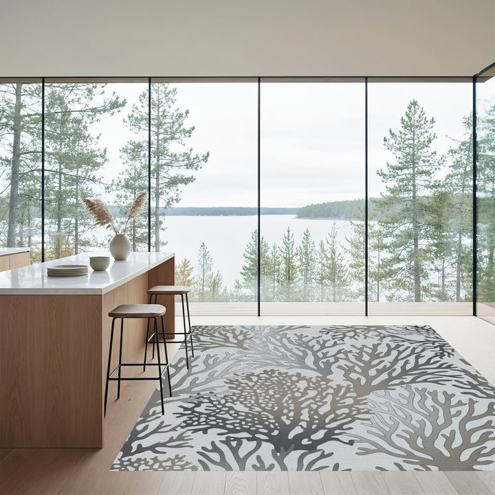 Cool Gray Coral Branch Motif Rug