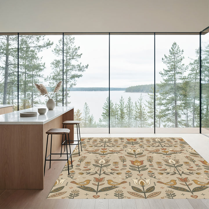 Earthy Tone Birds and Tulips Rug