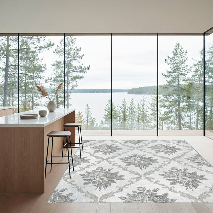 Ornate Gray Floral Damask Rug