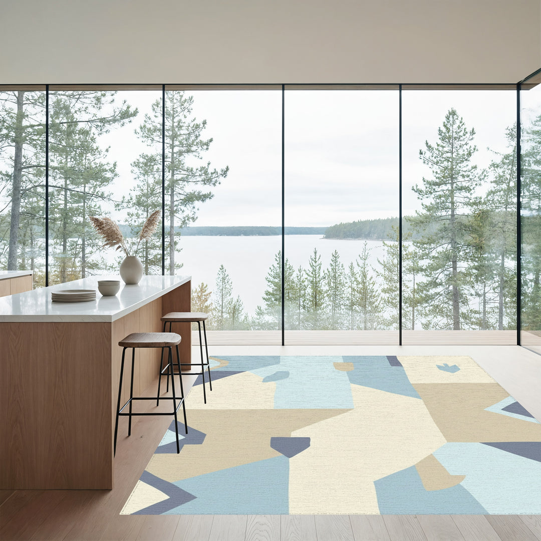 Soft Blue Tan Abstract Collage Rug