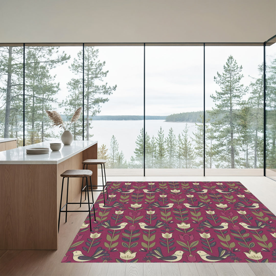 Crimson Floral Bird Melody Rug