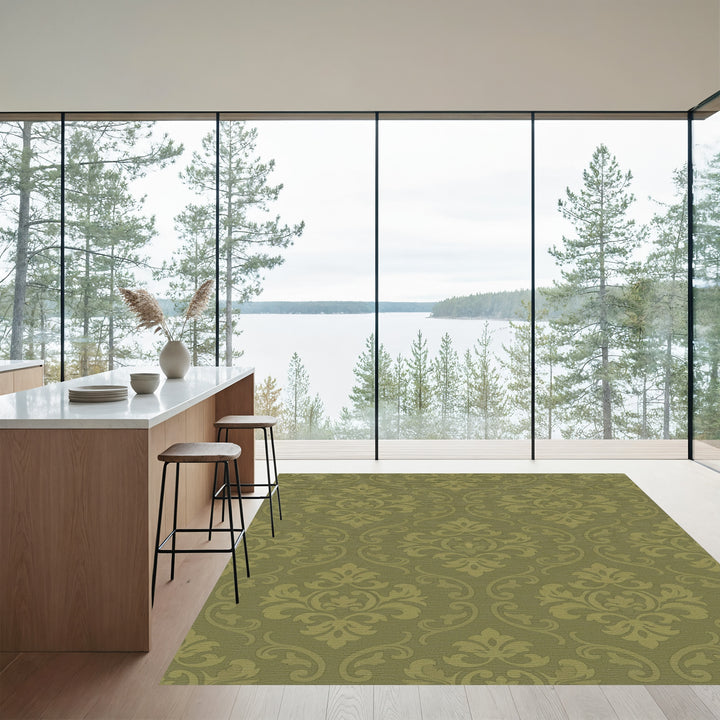 Olive Green Damask Scroll Rug
