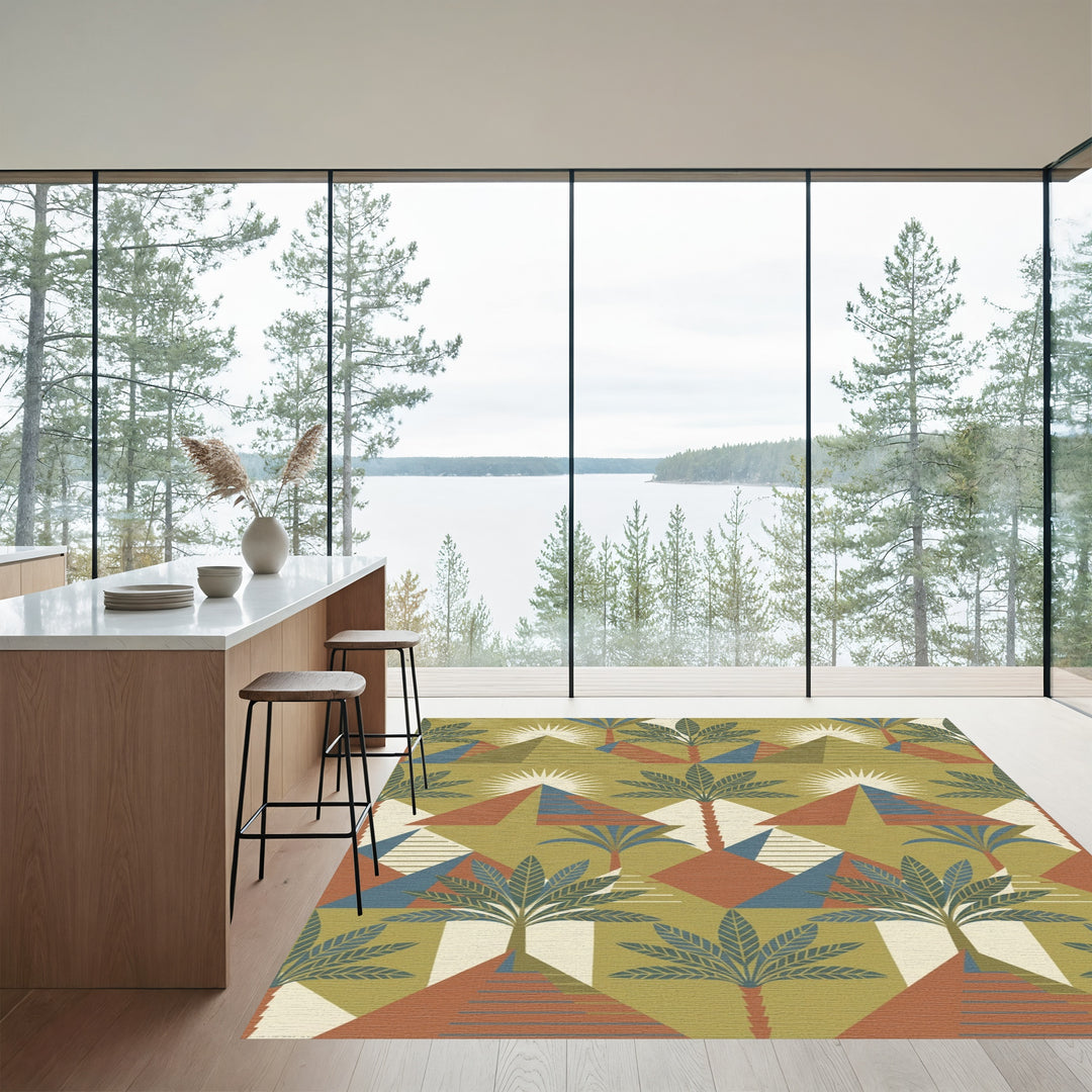 Geometric Pyramid Palm Tree Desert Sunset Rug