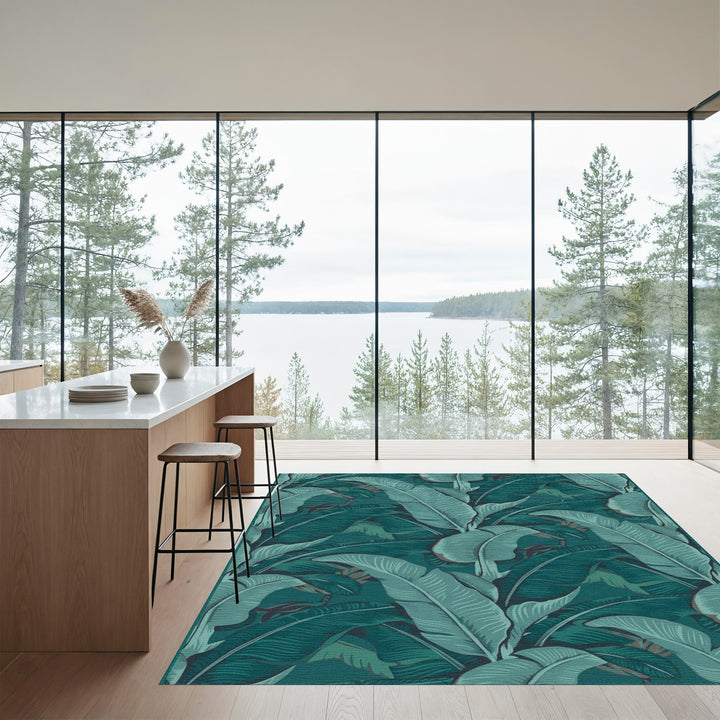 Deep Teal Botanical Banana Leaf Rug