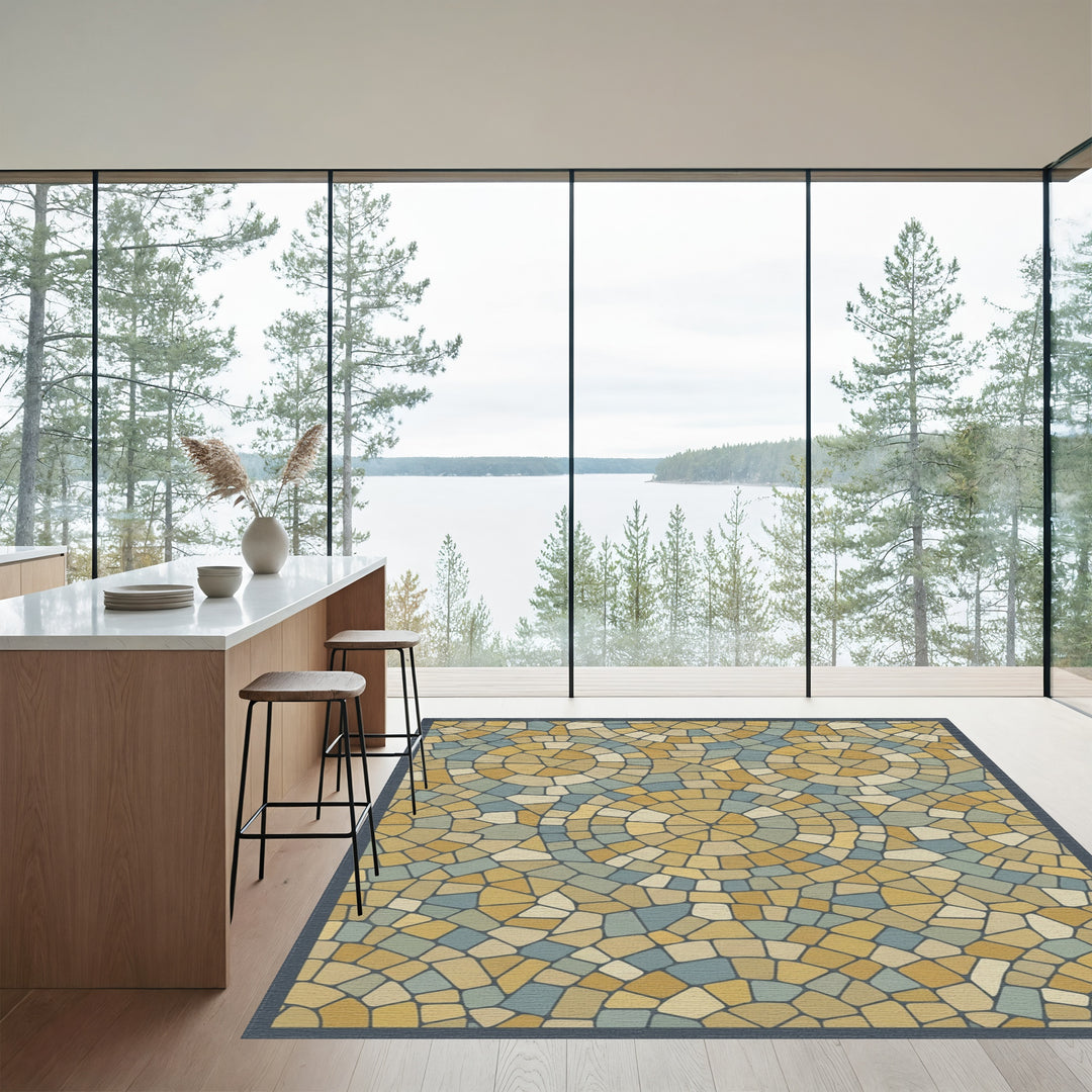 Golden Circular Stone Mosaic Rug