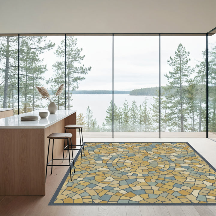 Golden Circular Stone Mosaic Rug