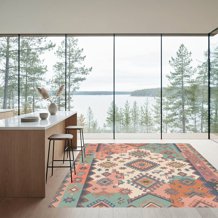 Terracotta Teal Geometric Animal Medallion Rug