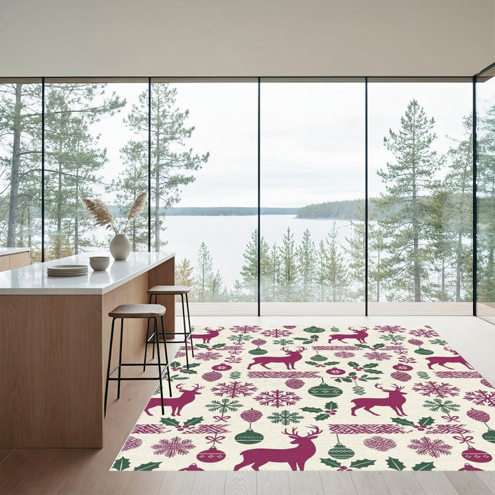 Deep Berry Reindeer Snowflake Holiday Accents Rug