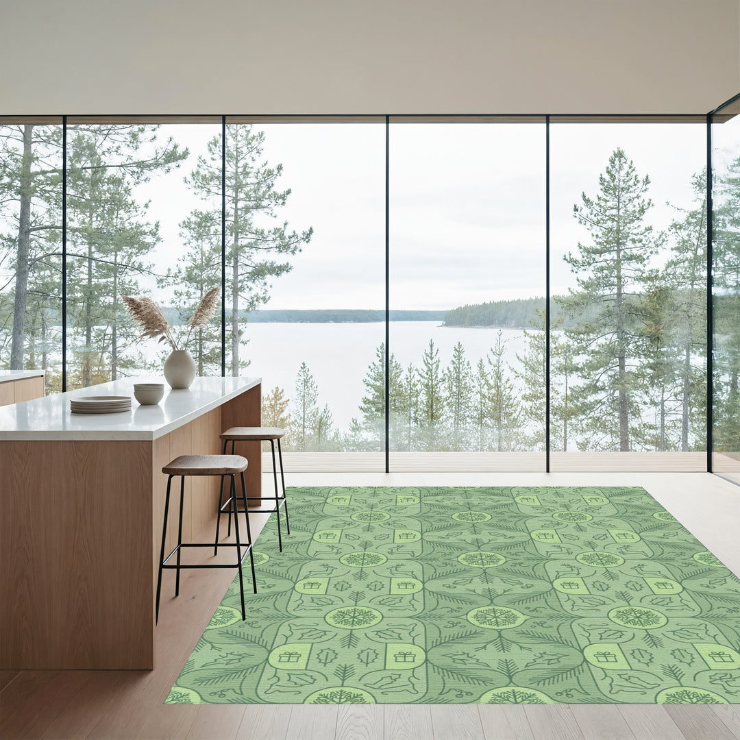 Winter Green Holly and Reindeer Snowflakes Rug
