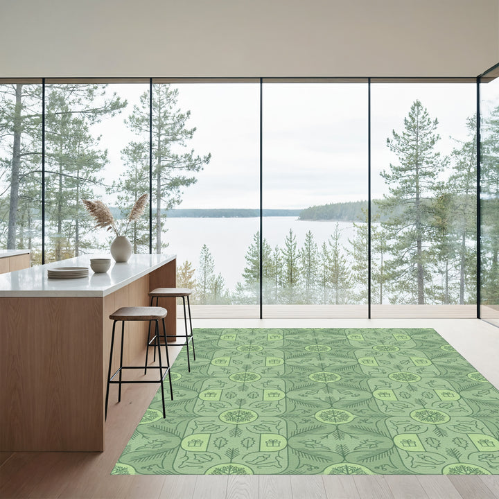 Winter Green Holly and Reindeer Snowflakes Rug