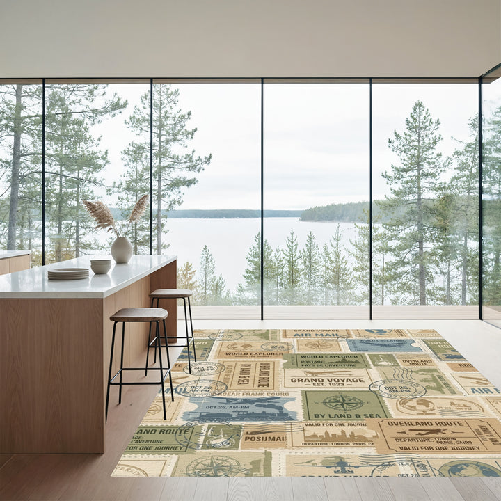 Vintage Travel Stamp Collage Rug