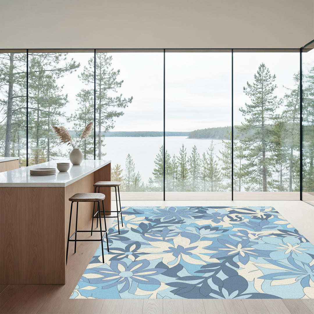 Retro Blue Floral Garden Rug