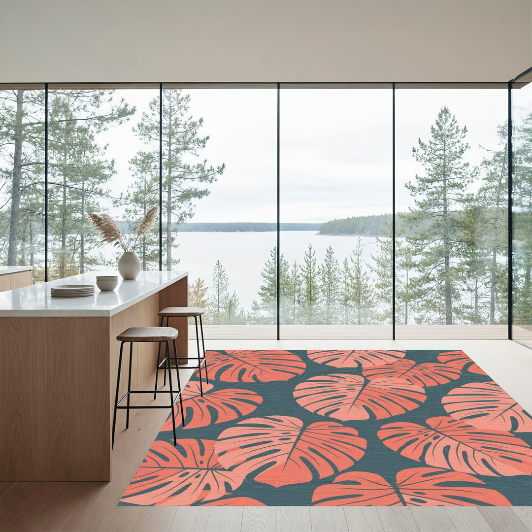 Coral Monstera Leaf Botanical Rug
