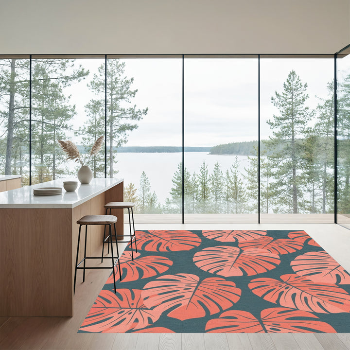 Coral Monstera Leaf Botanical Rug