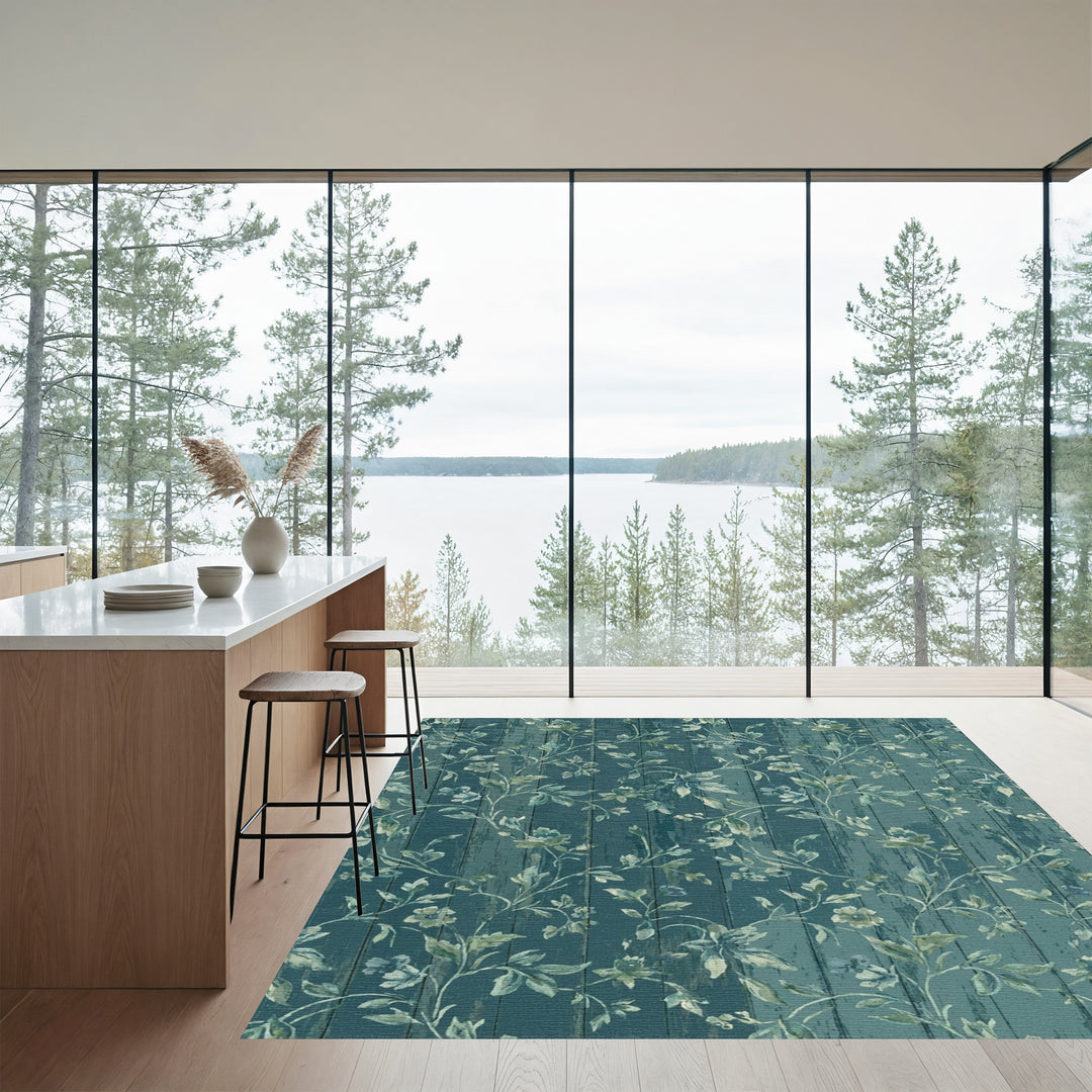 Teal Wood Floral Vine Botanical Rug