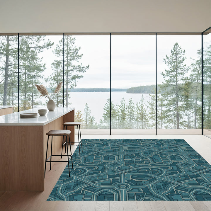 Urban Teal Cityscape Highway Maze Rug