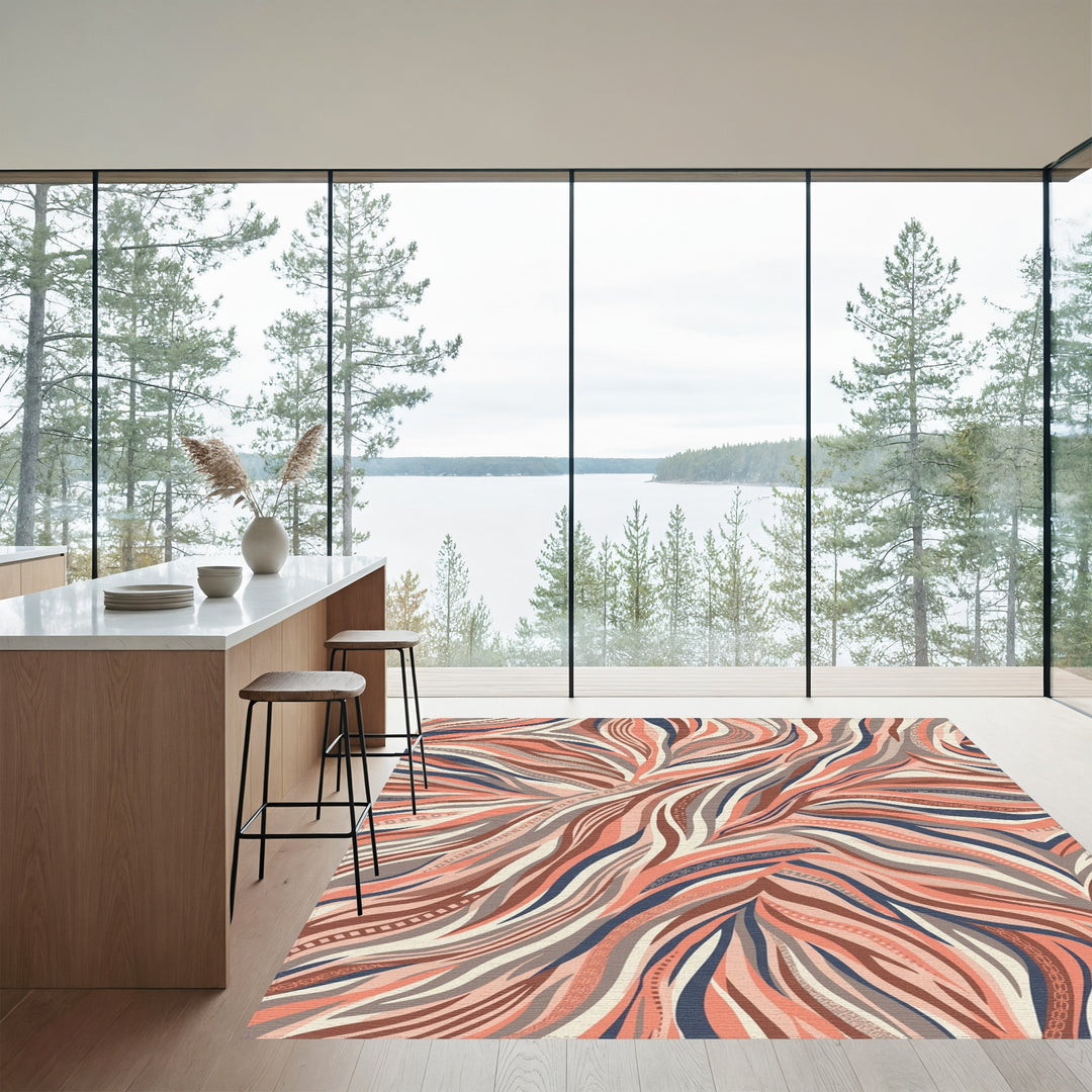 Coral and Navy Waves Rug