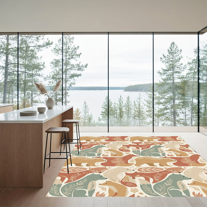 Woodland Creatures Earthy Tone Folk Art Rug