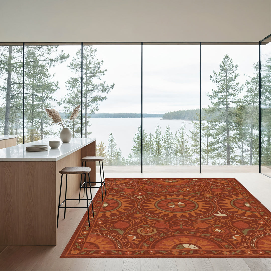 Earthy Red Sun Pomegranate Blooms Rug