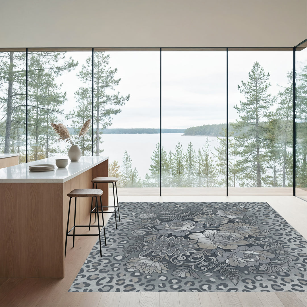 Chic Gray Floral Leopard Medley Rug