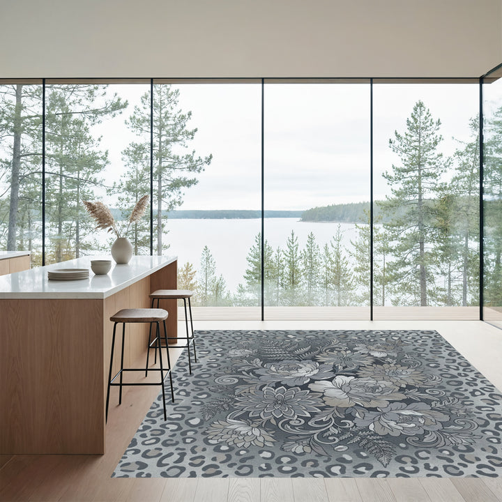 Chic Gray Floral Leopard Medley Rug